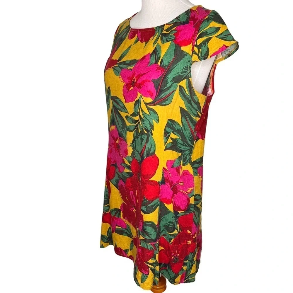 For Cynthia Womens Linen Dress Size Petite Large Hawaiian Tropical Floral Print